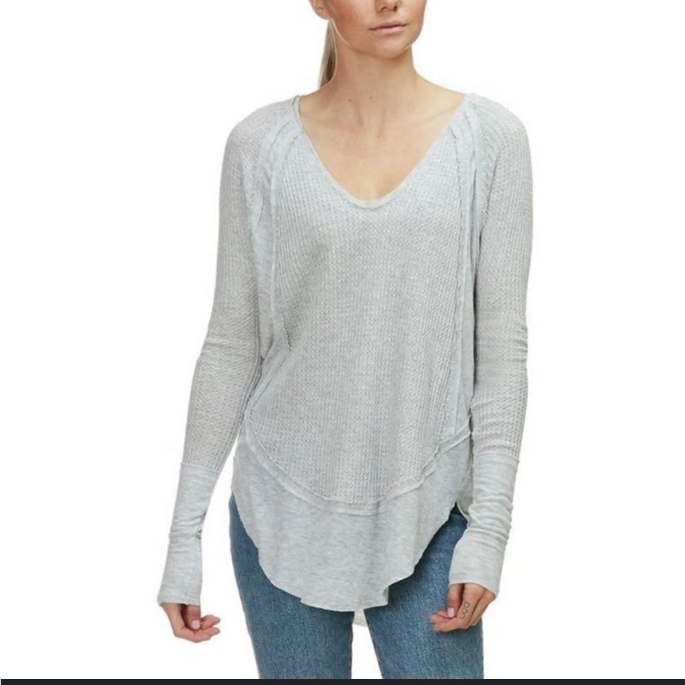 We The Free Gray Long Sleeve Waffle Knit Top